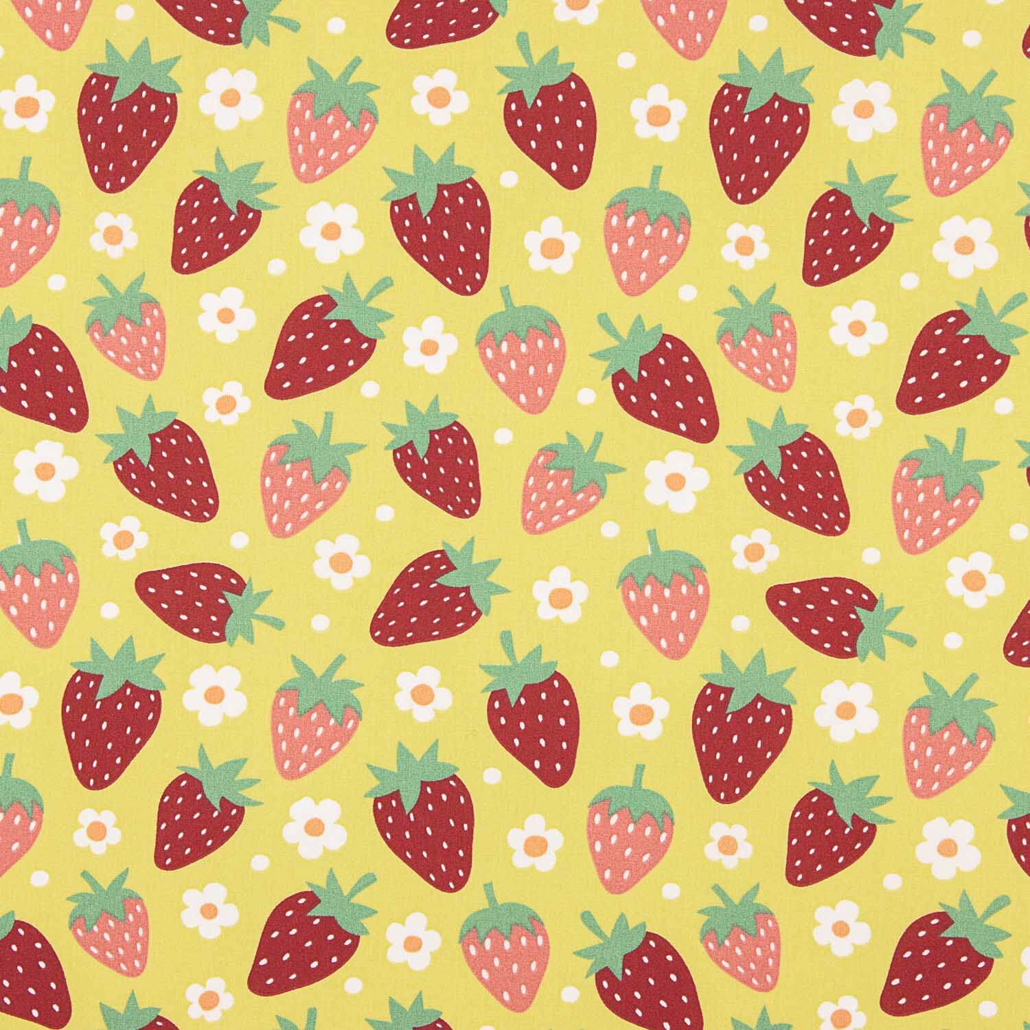 Erdbeeren und Gänseblümchen bedruckte Baumwollpopeline - Ribes y Casals