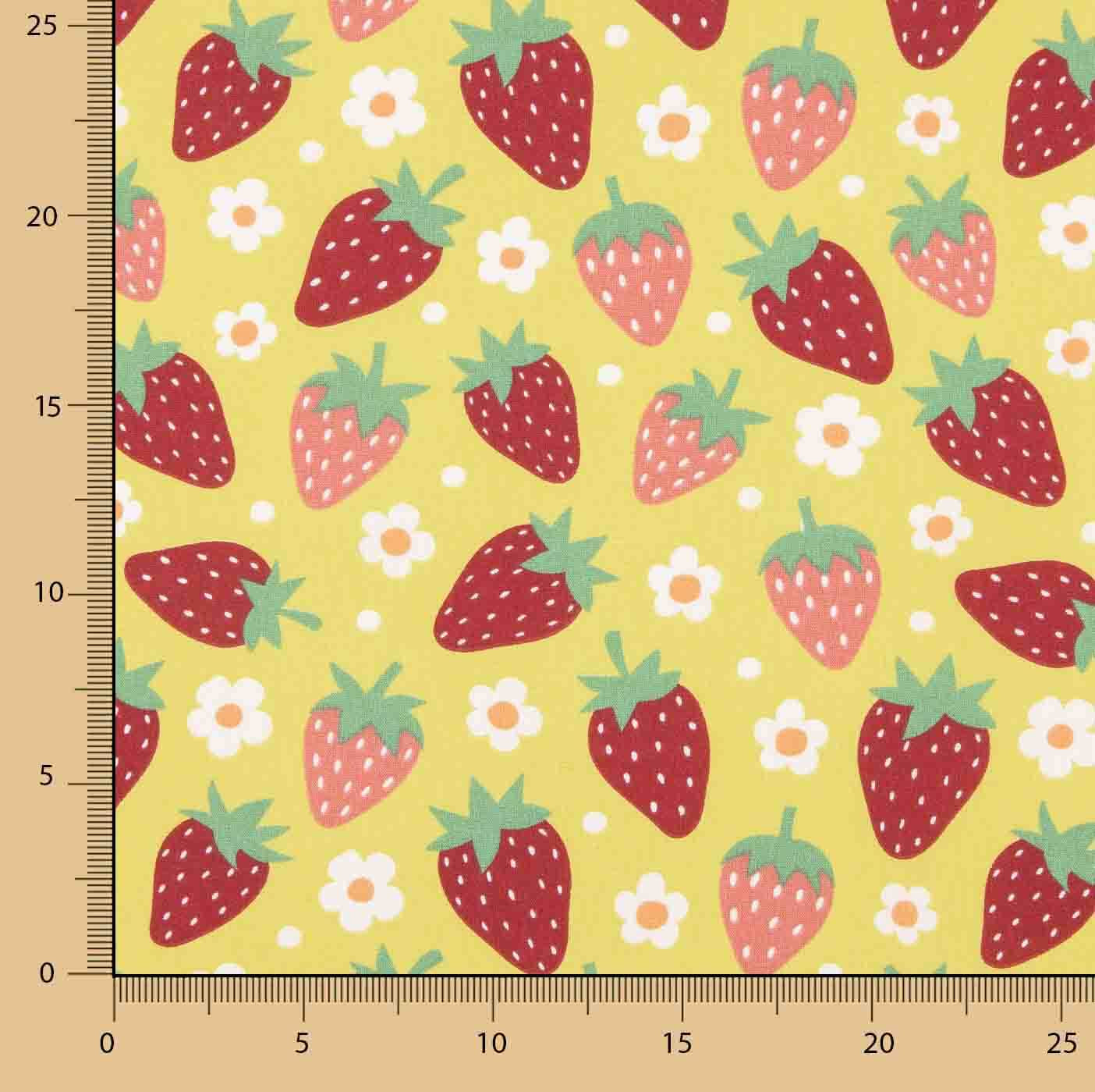 Erdbeeren und Gänseblümchen bedruckte Baumwollpopeline - Ribes y Casals