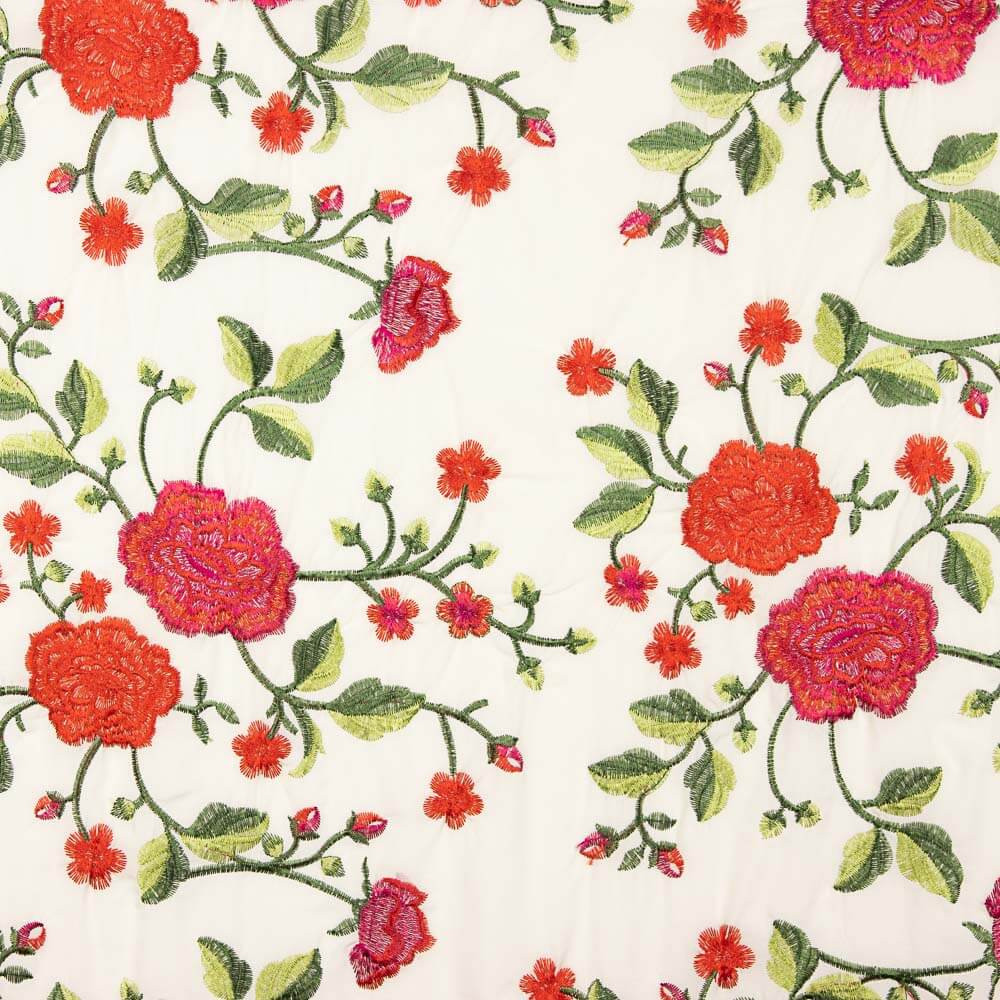 Bestickter Schal Rose Rot Tencel Weiß Natürlich - Ribes y Casals