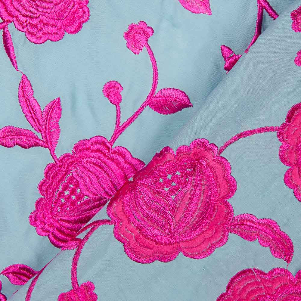 Bestickter Schal Fuchsia Tencel Hellblau - Ribes y Casals