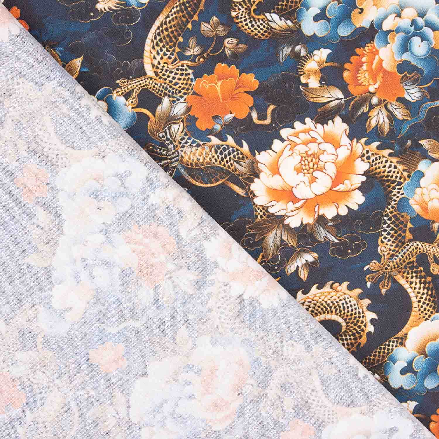 Drachen und orientalische Blumen bedruckte Baumwollpopeline - Ribes y Casals