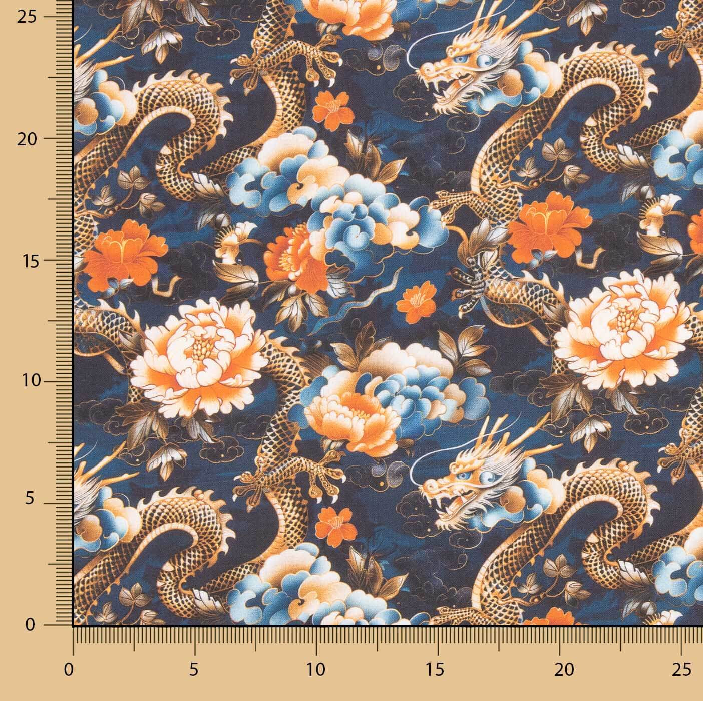 Drachen und orientalische Blumen bedruckte Baumwollpopeline - Ribes y Casals