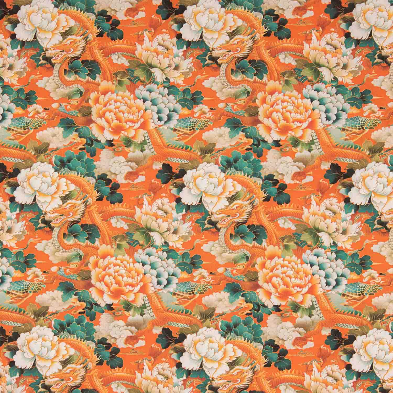 Drachen und orientalische Blumen Bedruckte Baumwollpopeline Orange - Ribes y Casals
