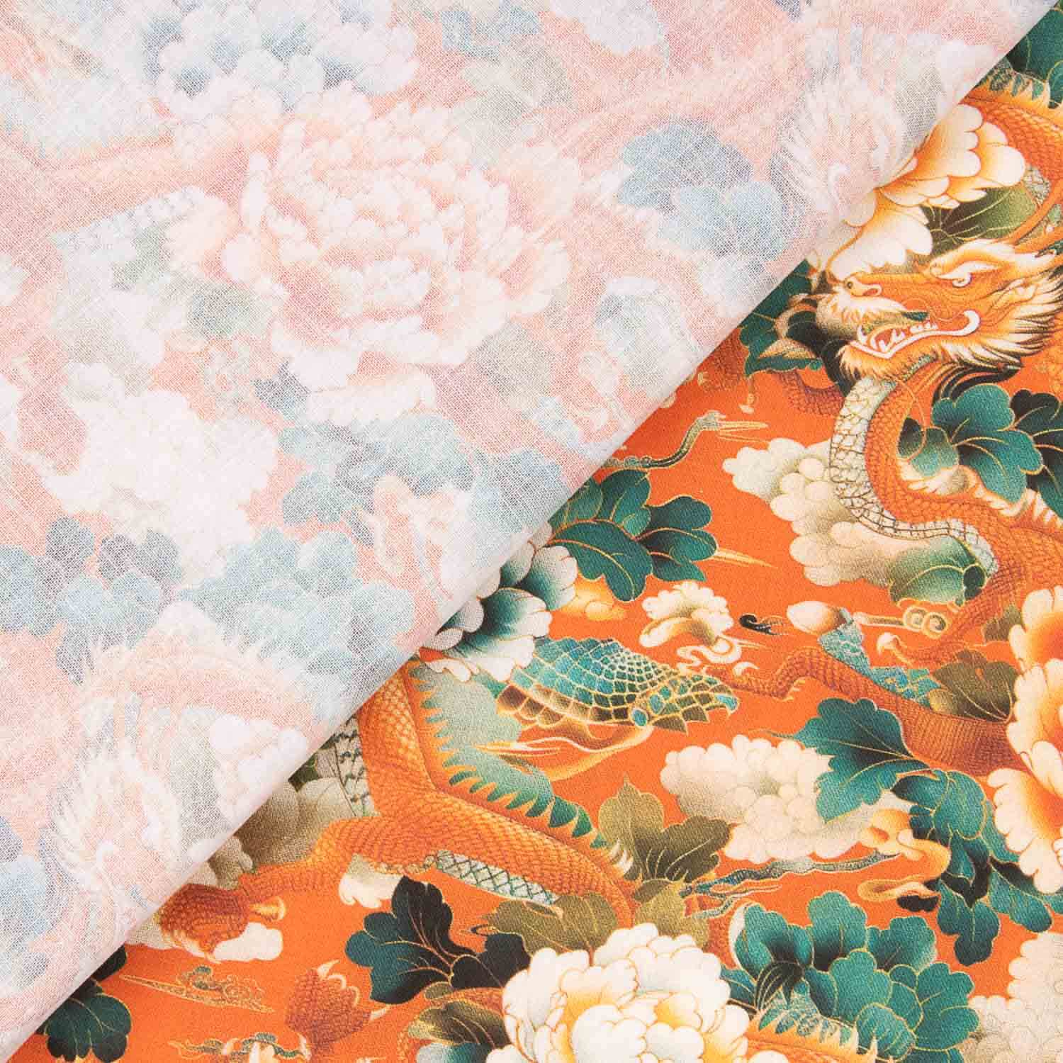 Drachen und orientalische Blumen Bedruckte Baumwollpopeline Orange - Ribes y Casals