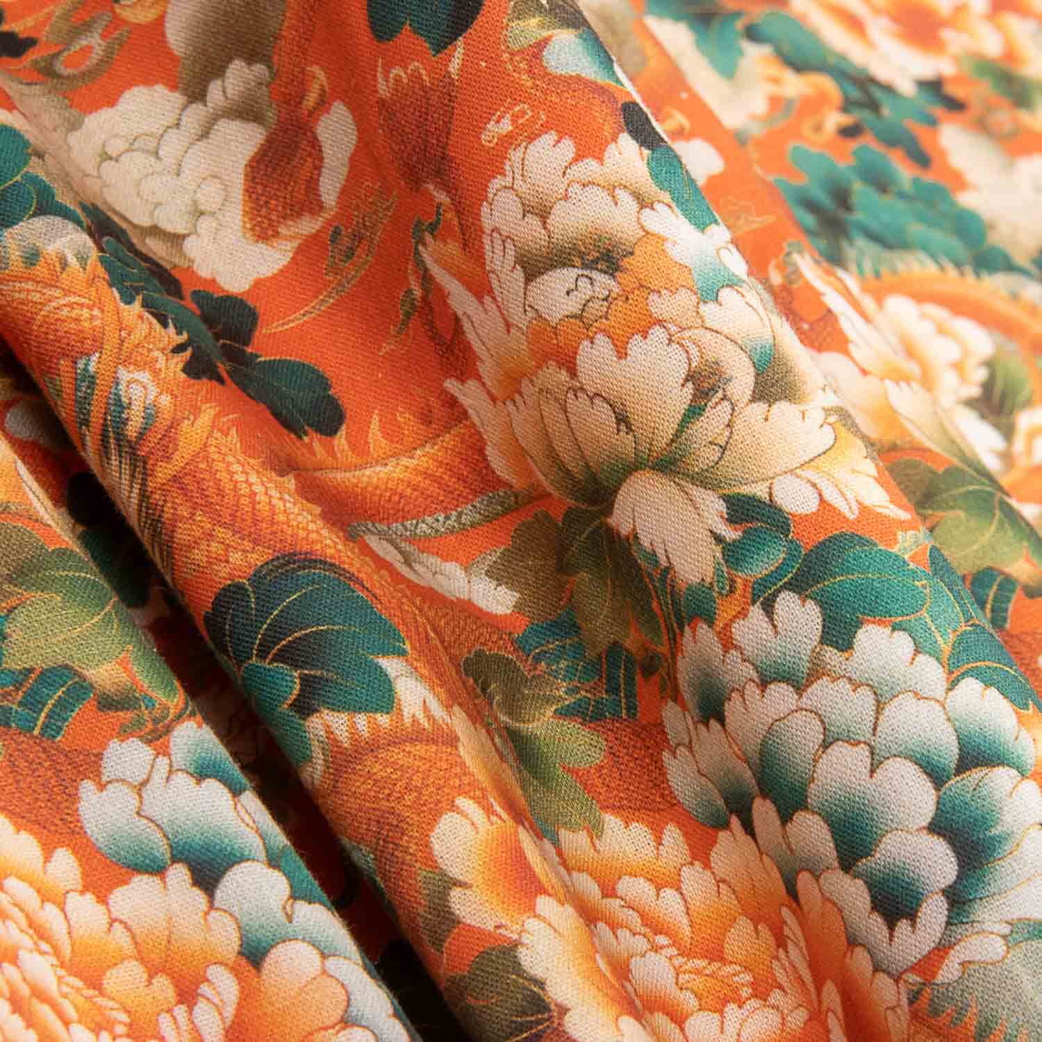 Drachen und orientalische Blumen Bedruckte Baumwollpopeline Orange - Ribes y Casals