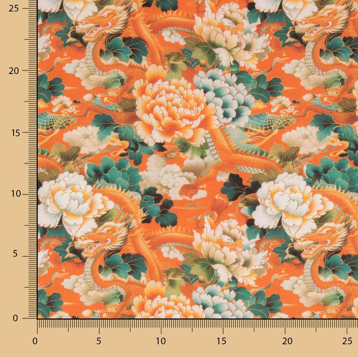 Drachen und orientalische Blumen Bedruckte Baumwollpopeline Orange - Ribes y Casals