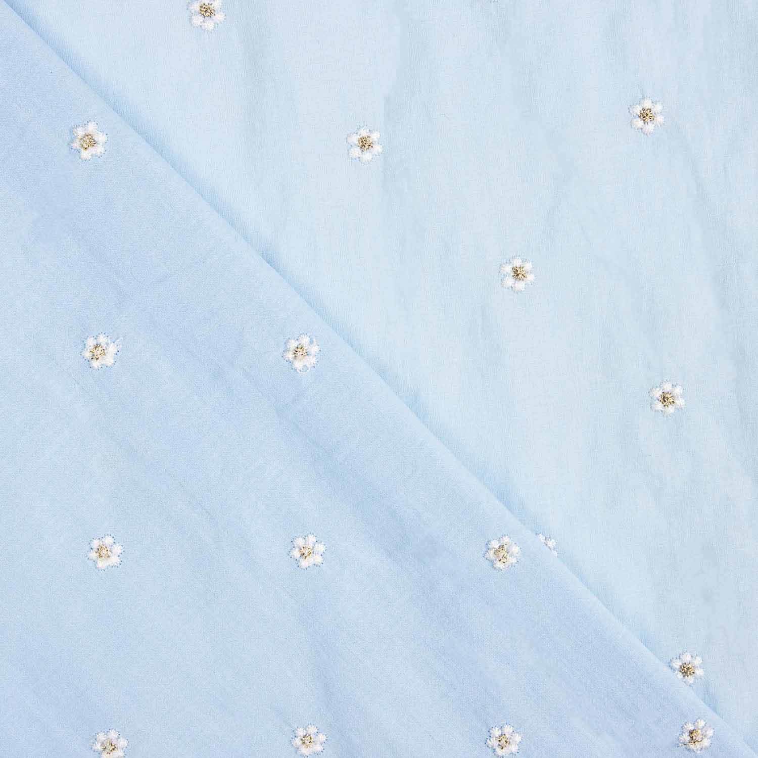 Hellblauer Baumwoll-Voile mit floraler Stickerei und goldenem Lurex - Ribes y Casals