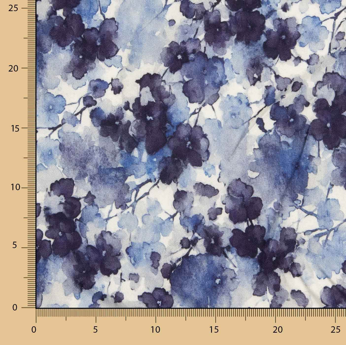Elastischer Viskosestoff mit Aquarellmustern an den Blättern in Blau - Ribes y Casals