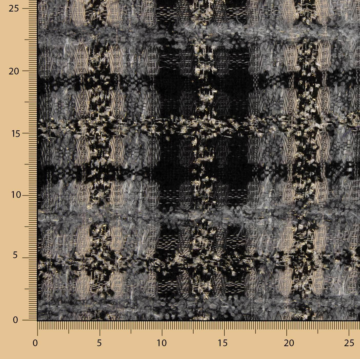 Grau-schwarzer Mosaik-Tweed aus Wolle mit Gold-Lurex - Ribes y Casals