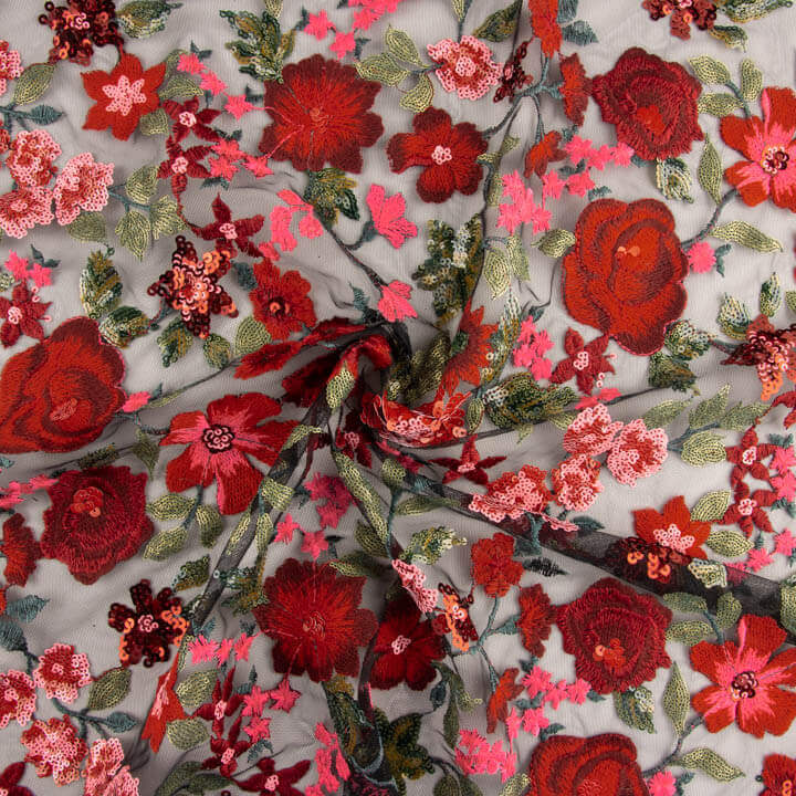 Bestickter Tüll mit Blumenmuster und Paillettenstoff, Carmen, rot und schwarz - Ribes y Casals