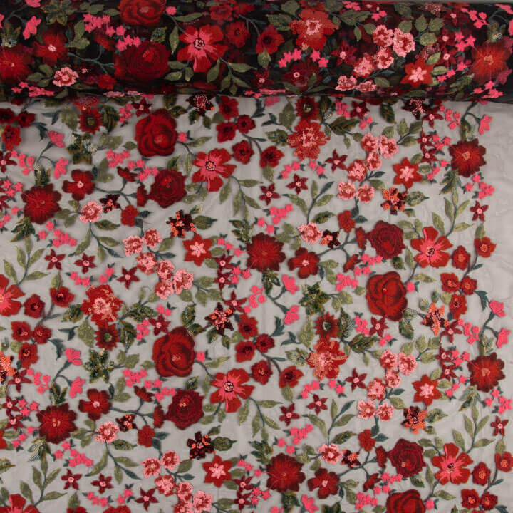 Bestickter Tüll mit Blumenmuster und Paillettenstoff, Carmen, rot und schwarz - Ribes y Casals