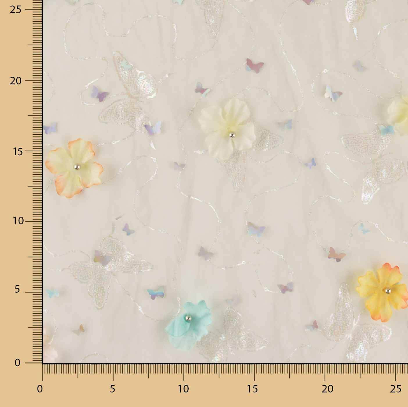 Tüll „Schmetterlingsgarten“ mit 3D-Blumenmuster und Silber-Lamé - Ribes y Casals