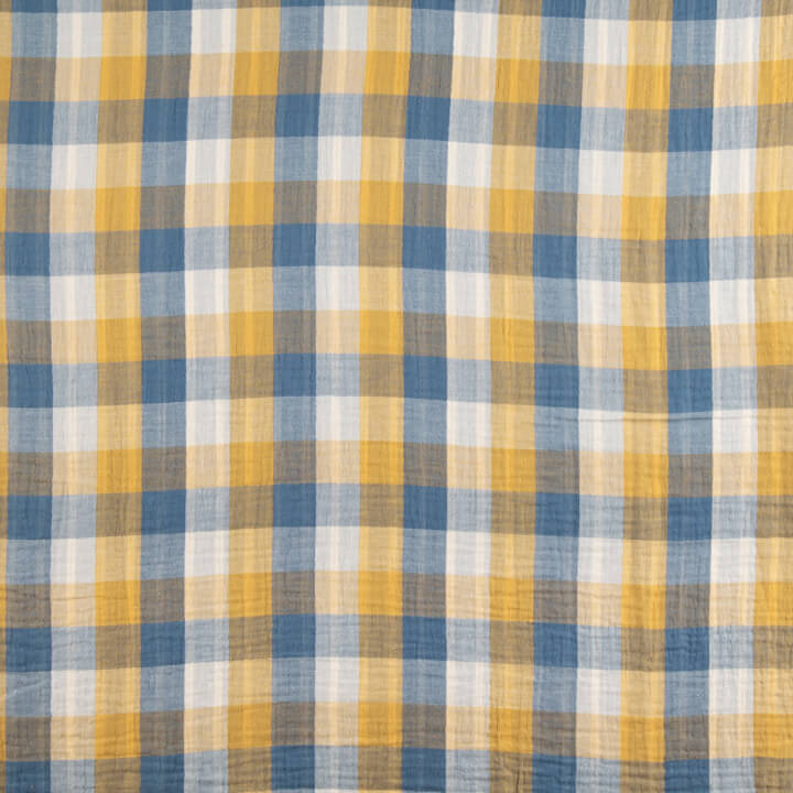 Bámbula, Double Gauze, wendbares Tuch mit Karos und Streifen in Senfblau - Ribes y Casals