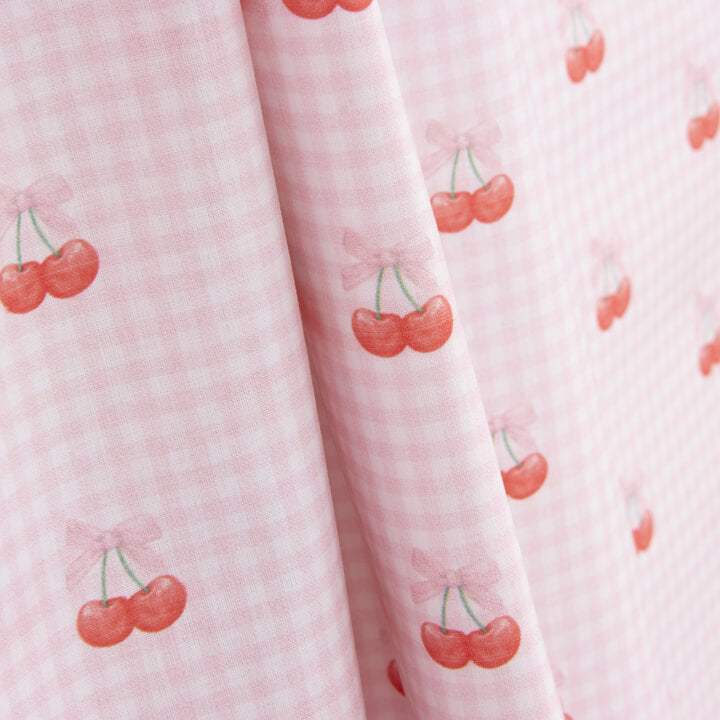 Bedrucktes Perkal mit Kirschen, rosa Vichy-Karo - Ribes y Casals