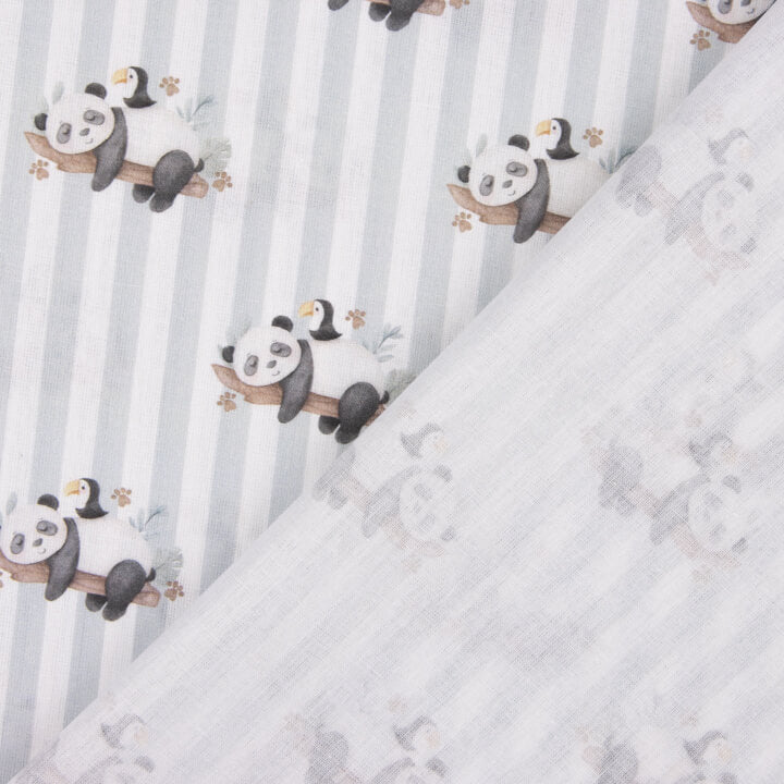 Bedrucktes Perkal mit Pandas und grauen Streifen - Ribes y Casals