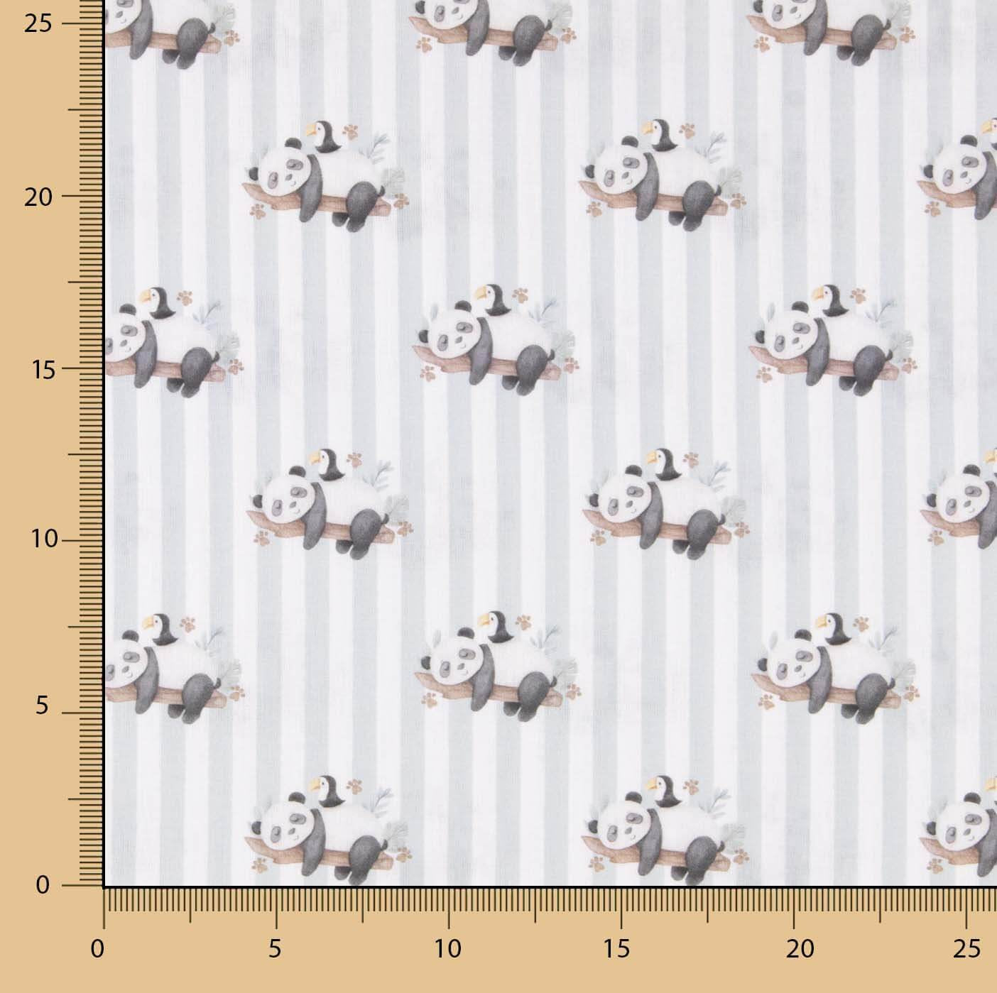 Bedrucktes Perkal mit Pandas und grauen Streifen - Ribes y Casals