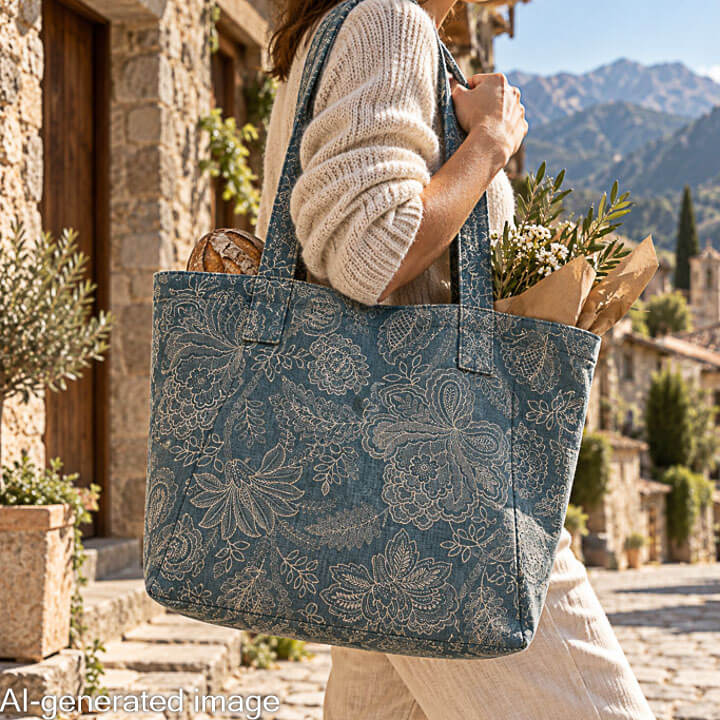 Canvas im Leinenstoff-Look mit provenzalischem Blumenmuster, blau - Ribes y Casals