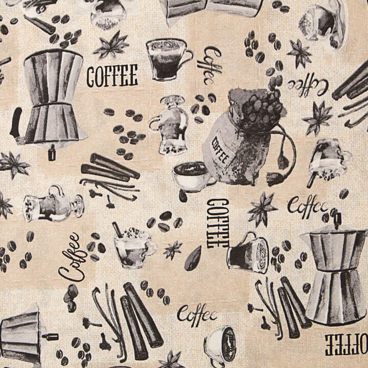 Bedrucktes Canvas in Kaffeefarbe, Kaffeemaschinen und Kaffeebohnen - Ribes y Casals