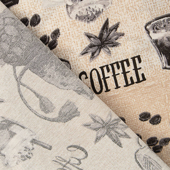 Bedrucktes Canvas in Kaffeefarbe, Kaffeemaschinen und Kaffeebohnen - Ribes y Casals