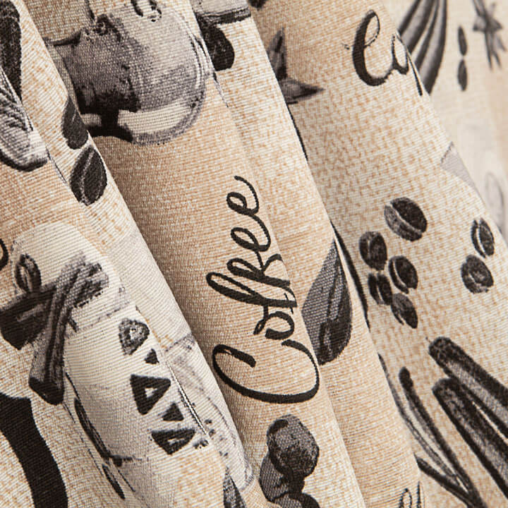 Bedrucktes Canvas in Kaffeefarbe, Kaffeemaschinen und Kaffeebohnen - Ribes y Casals