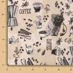 Bedrucktes Canvas in Kaffeefarbe, Kaffeemaschinen und Kaffeebohnen - Ribes y Casals