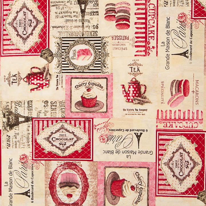 Bedrucktes Canvas mit Cupcakes und Macarons mit Vintage-Muster im Paris-Stil - Ribes y Casals