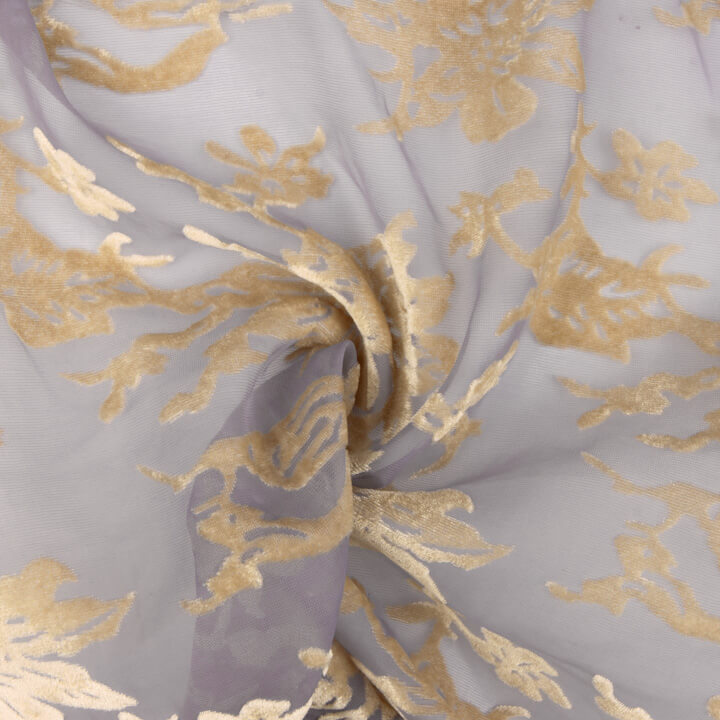 Ausbrenner mit Blumenmuster in Beige auf grauem Chiffon - Ribes y Casals