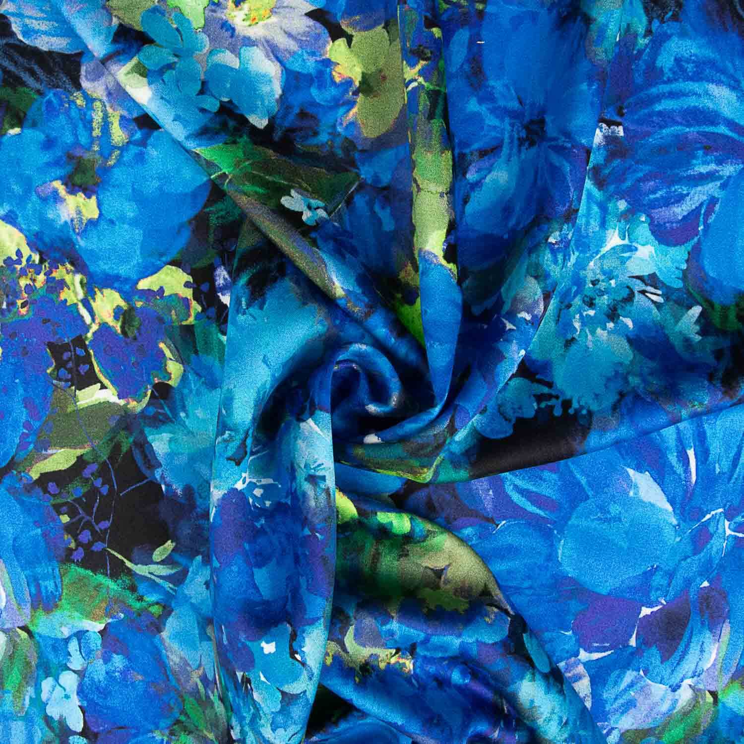 Satinierte Viskose mit Blumenmuster in Ozeanblau - Ribes y Casals