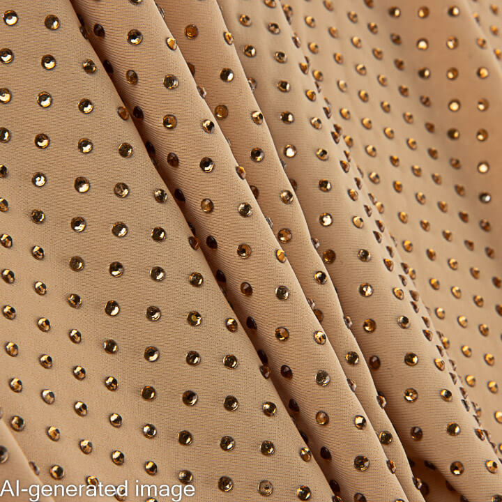 Elastischer Stoff mit goldfarbenen, schillernden Strasssteinen in Camel - Ribes y Casals