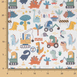 Bedrucktes Perkal mit Dinosauriern und Bauarbeitern, mehrfarbig - Ribes y Casals