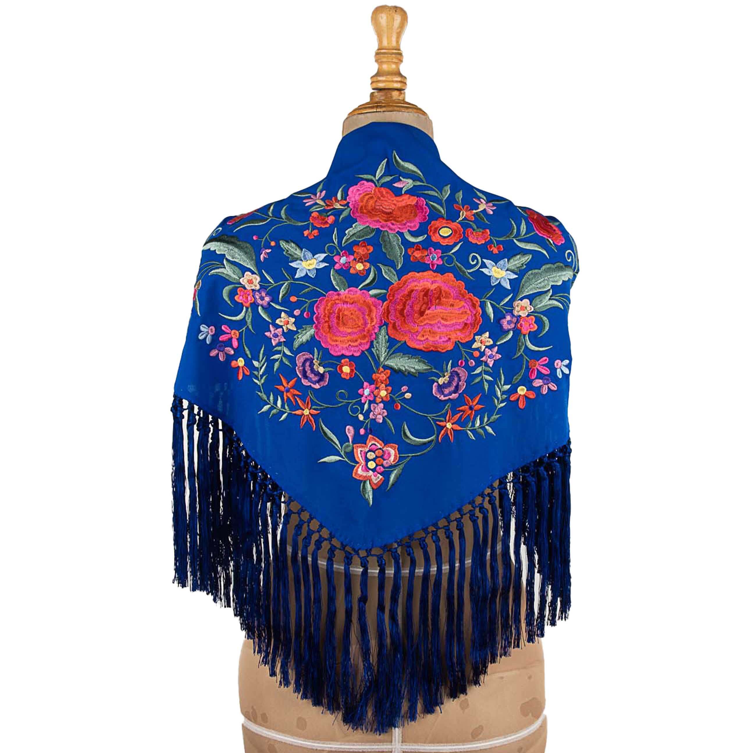 Bestickter blau-blauer Flamenco-Schal - Ribes y Casals