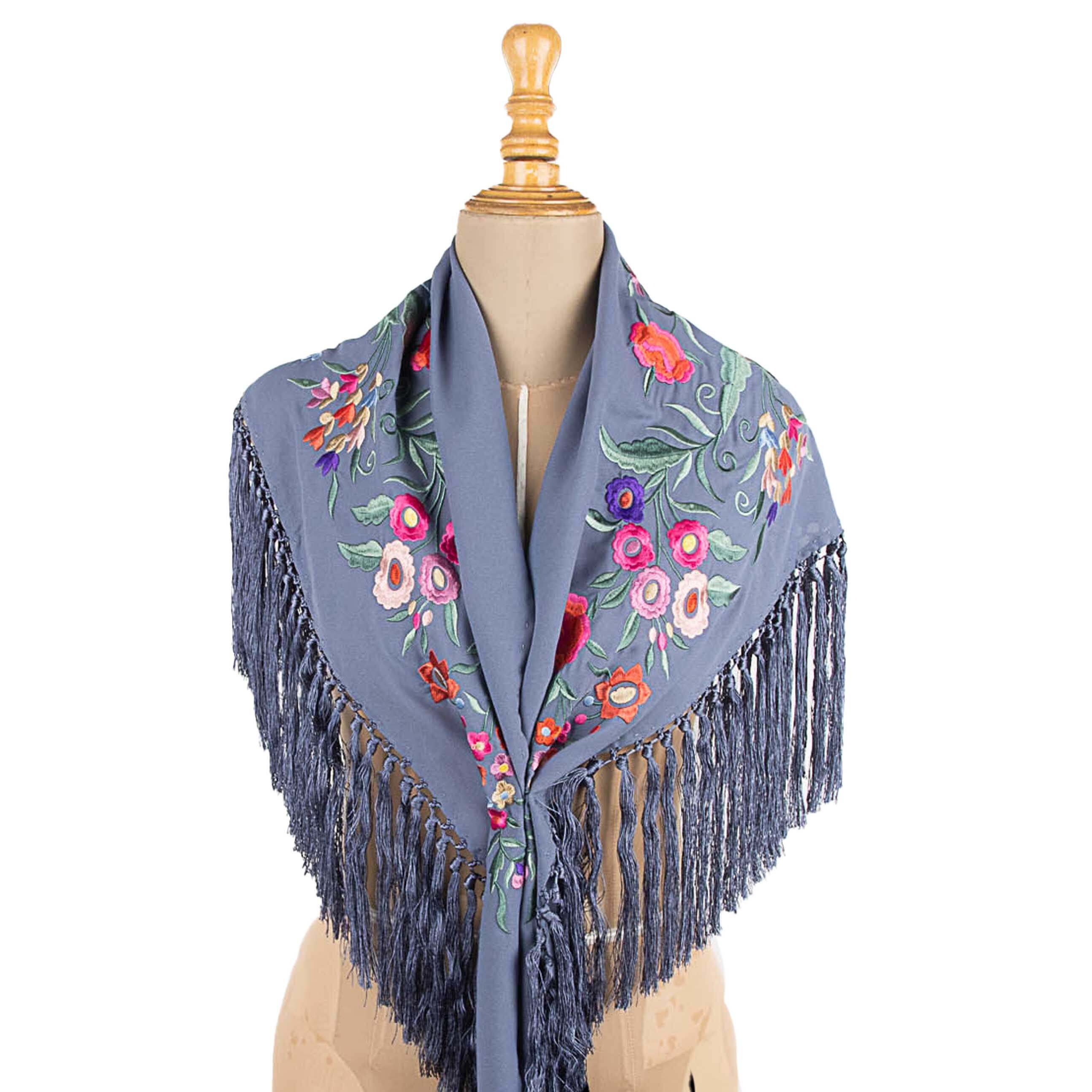 Blauer Denim bestickter Flamenco-Schal - Ribes y Casals