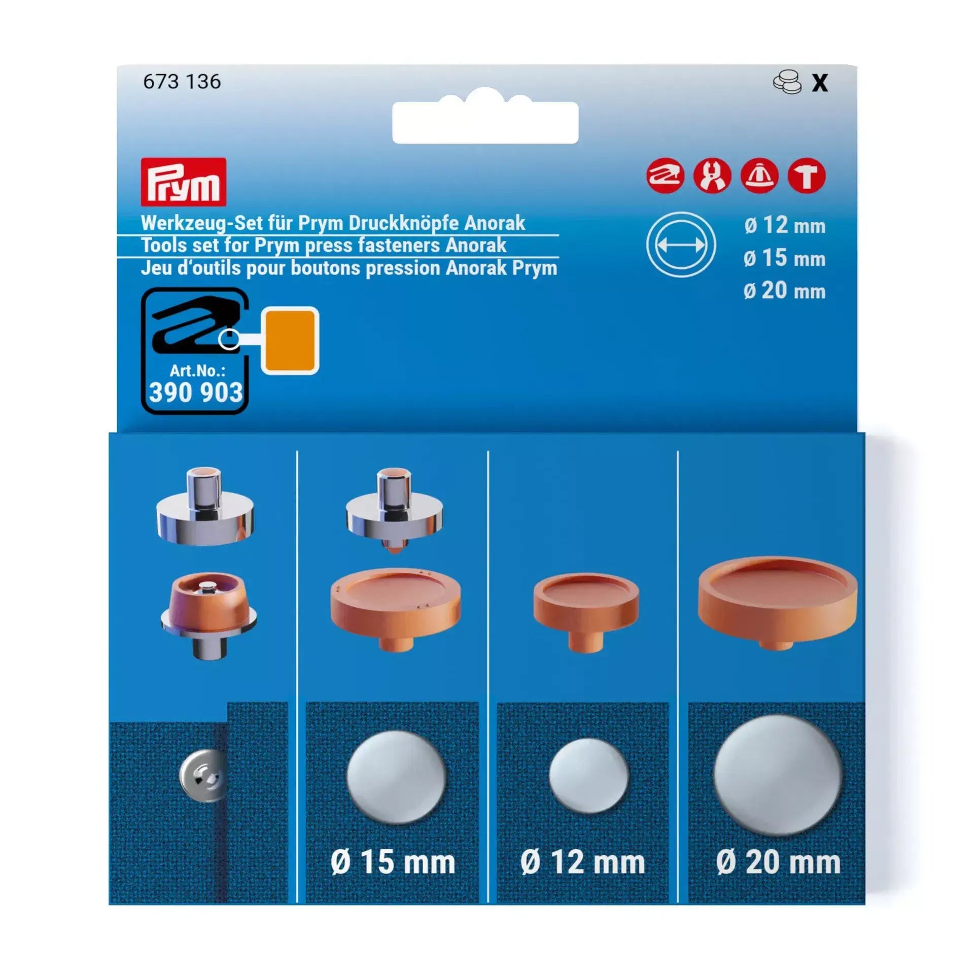 Prym Anorak-Knopf-Werkzeugset 12, 15 und 20 mm - Ribes y Casals