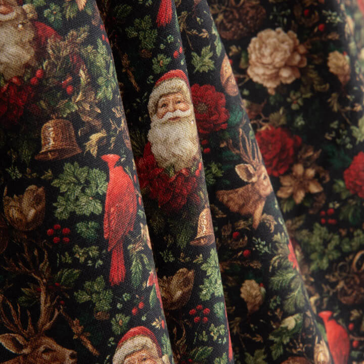 Bedruckte Popeline mit Weihnachtsmotiv: Weihnachtsmann und Kardinäle - Ribes y Casals
