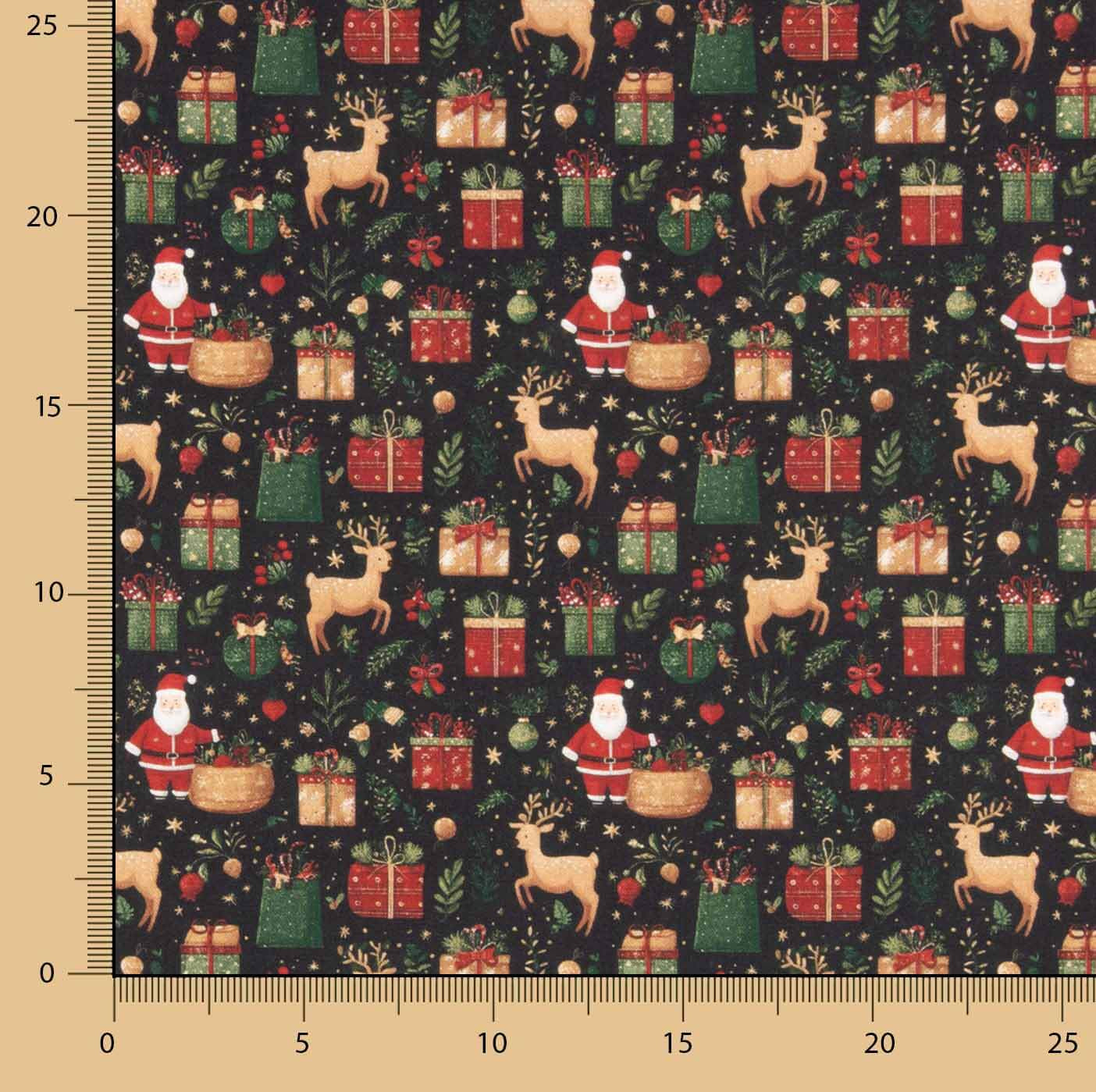 Bedruckte Popeline mit Weihnachtsmotiv: Weihnachtsmann und Rentiere - Ribes y Casals