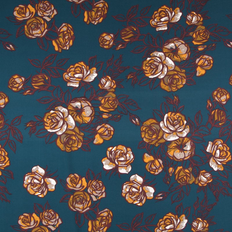 Krepp Elastisch Floral Petrol - Ribes y Casals