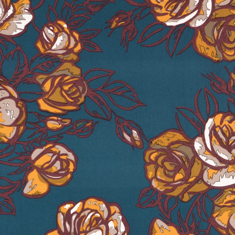 Krepp Elastisch Floral Petrol - Ribes y Casals