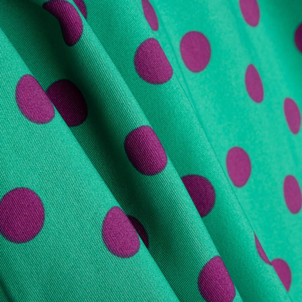 17mm Grün-Buganvilla Elastische Gabardine mit Polka Dots - Ribes y Casals