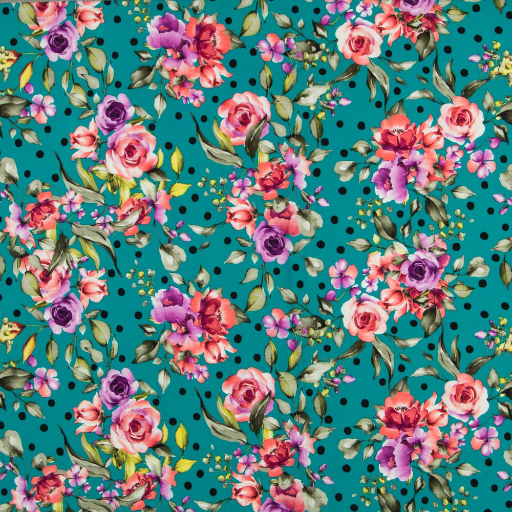 Aquamarinfarbener Krepp mit Tupfen und Blumen - Ribes y Casals