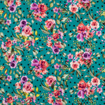 Aquamarinfarbener Krepp mit Tupfen und Blumen - Ribes y Casals