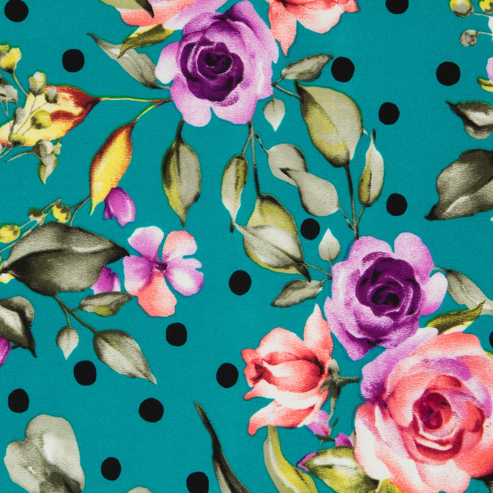 Aquamarinfarbener Krepp mit Tupfen und Blumen - Ribes y Casals