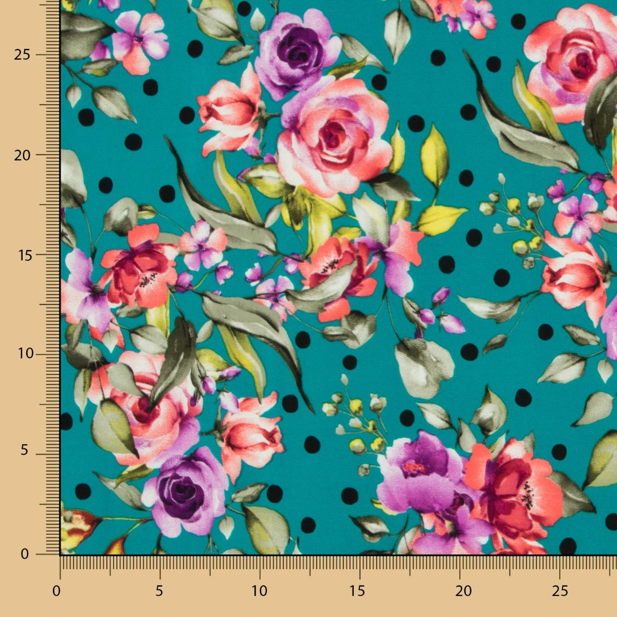 Aquamarinfarbener Krepp mit Tupfen und Blumen - Ribes y Casals