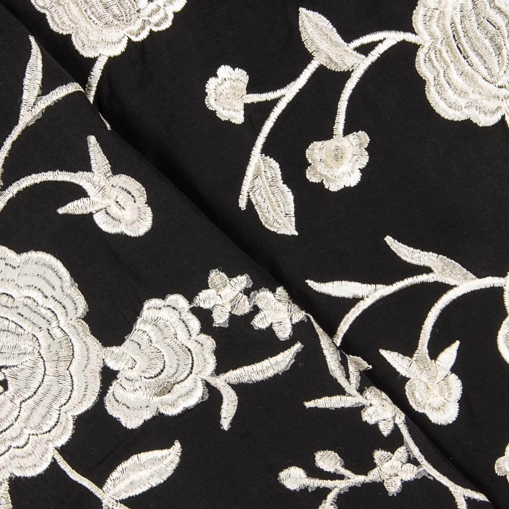 Bestickter Schal Ecru Tencel Schwarz - Ribes y Casals