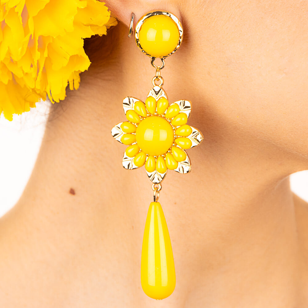 Flamingo Tropfen und Blumen Ohrringe Gelb - Ribes y Casals