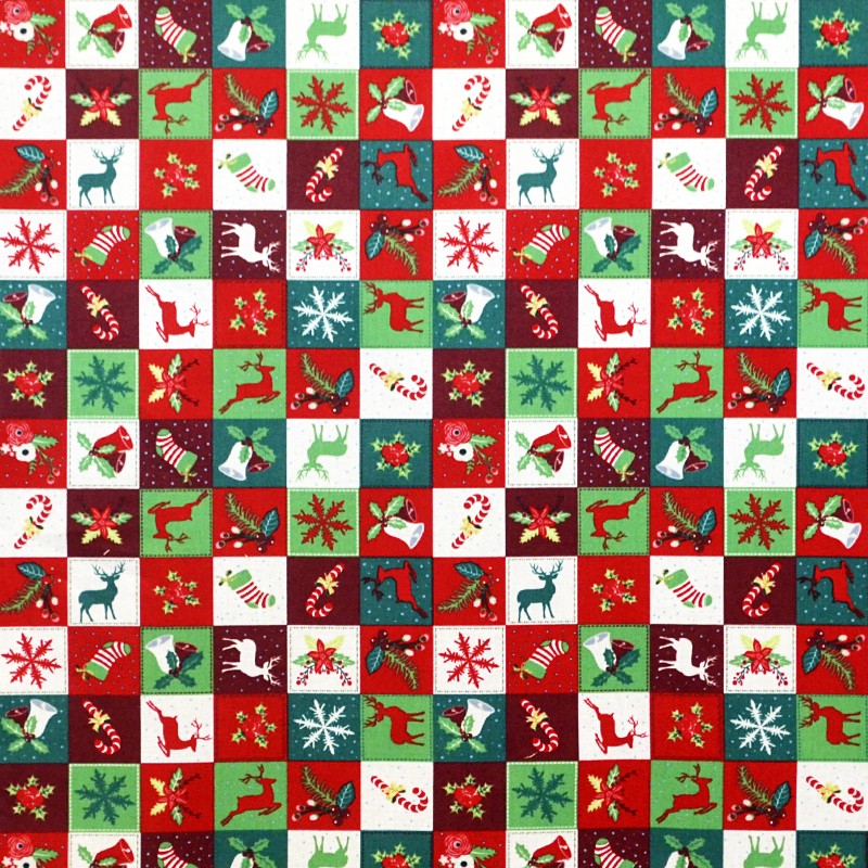 Popeline Weihnachten Mosaik Grün Rot - Ribes y Casals