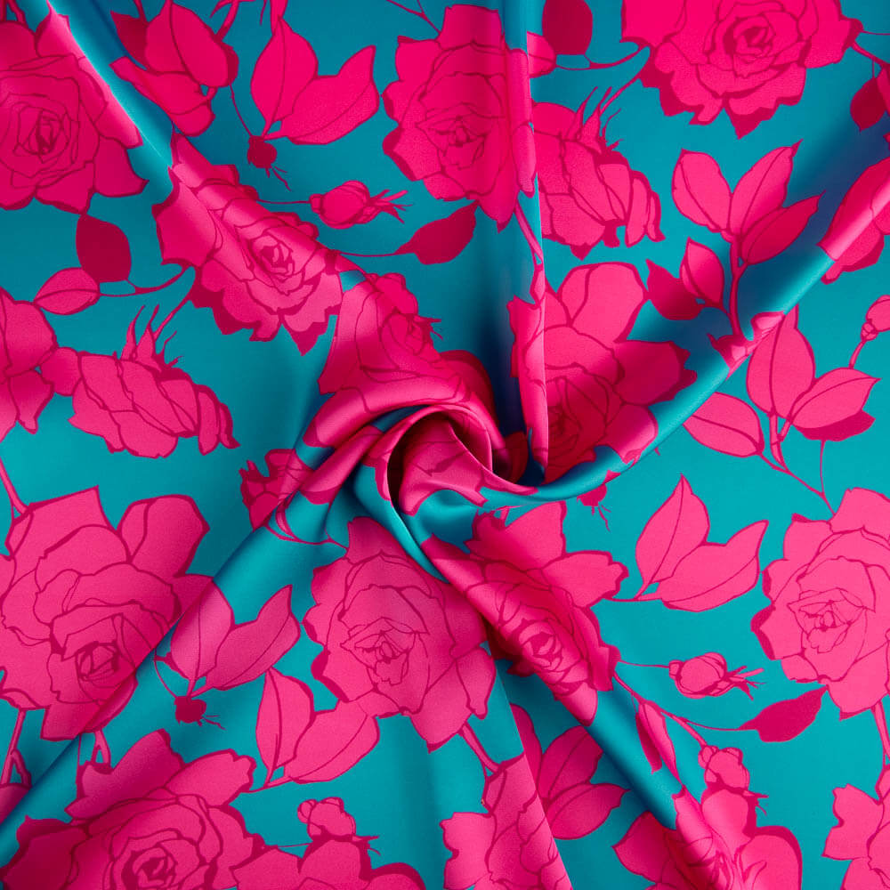 Fuchsia Caipi Blume bedruckter Satin - Ribes y Casals