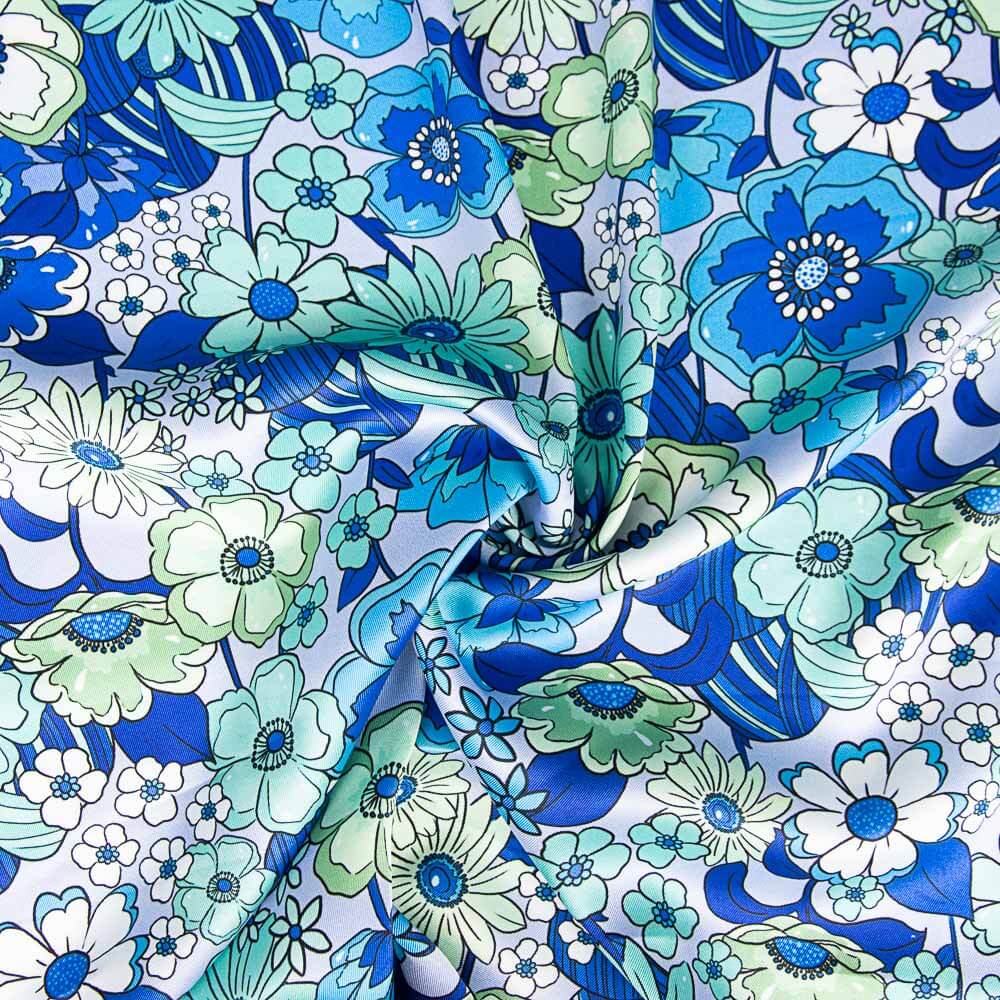 Polyester Satin Floral Blau - Ribes y Casals