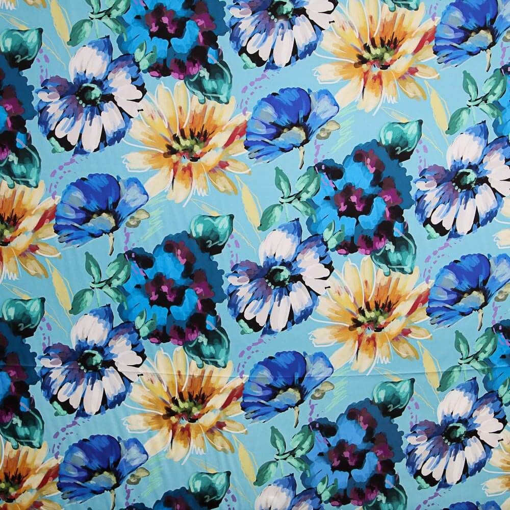 Satin Elasthan Floral Blau - Ribes y Casals