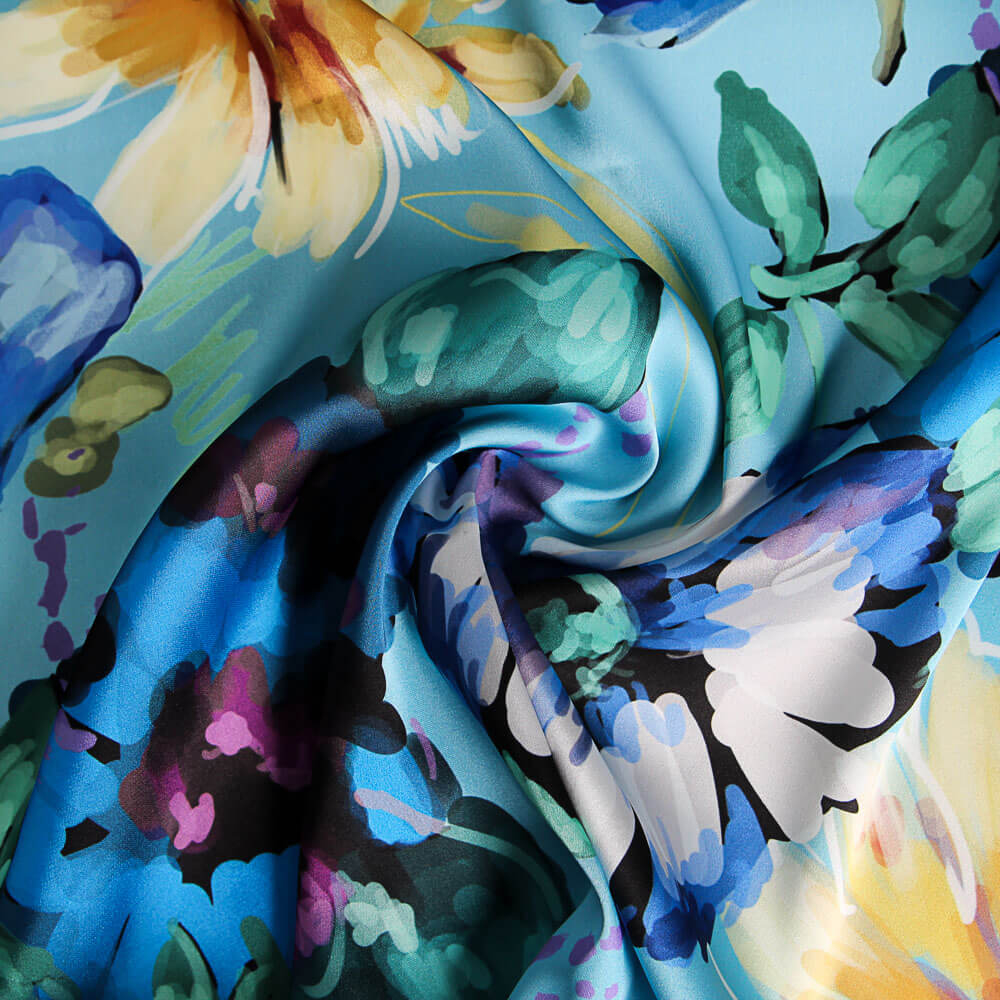 Satin Elasthan Floral Blau - Ribes y Casals