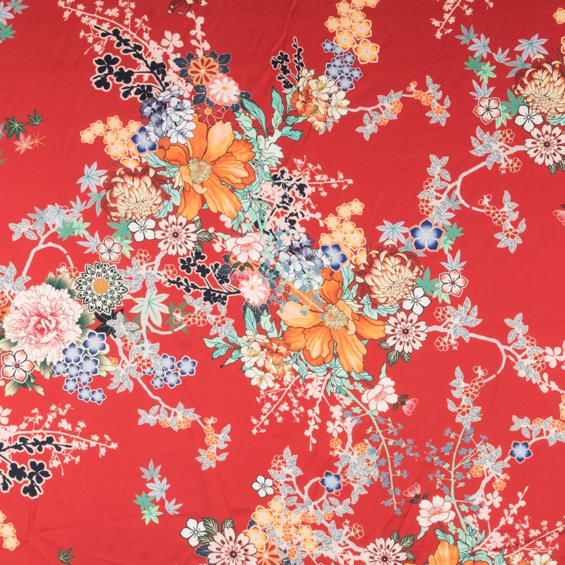 Polyester Satin Floral Rot - Ribes y Casals